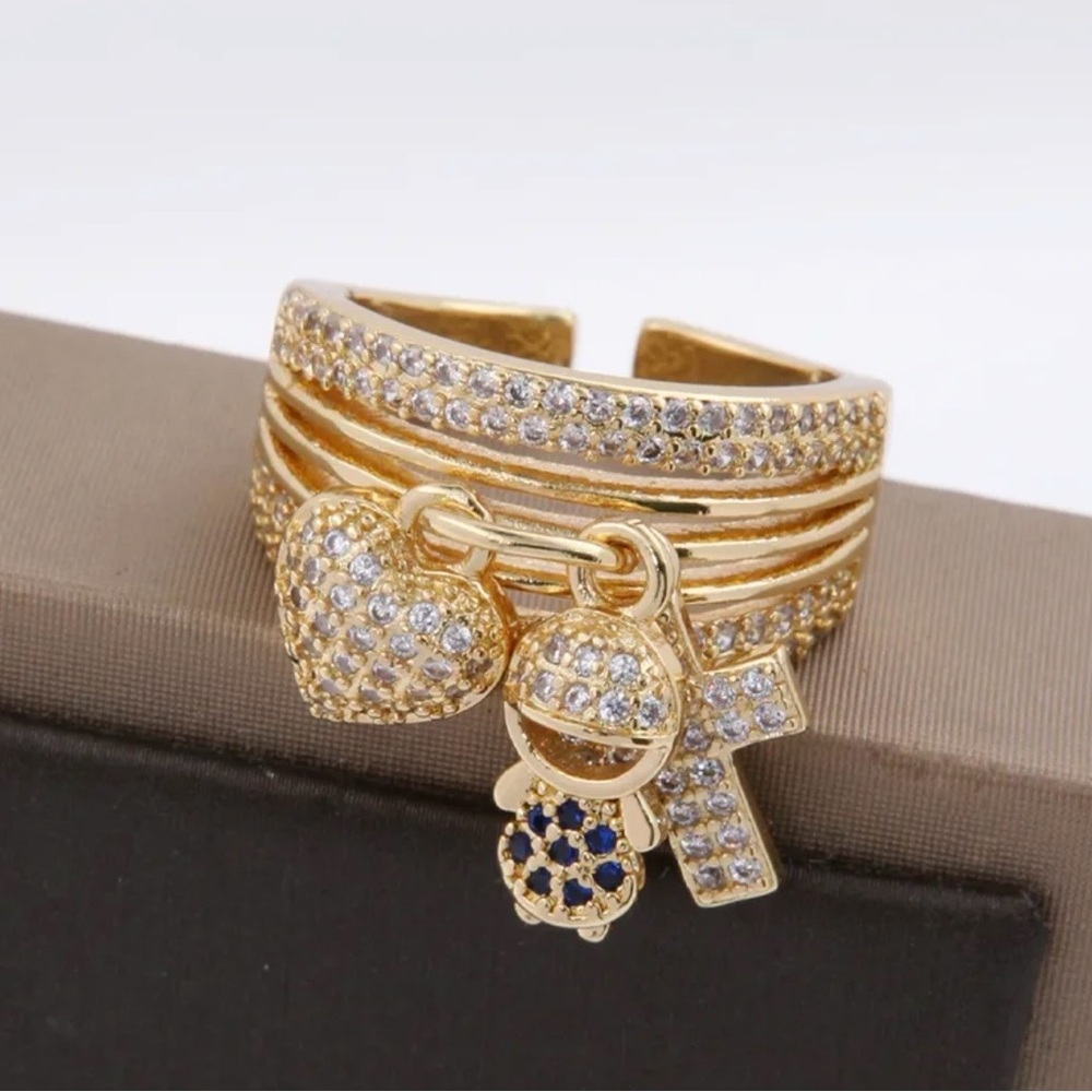 14k Gold Charm Ring with Heart, Boy and Cross Accents Adjustable size